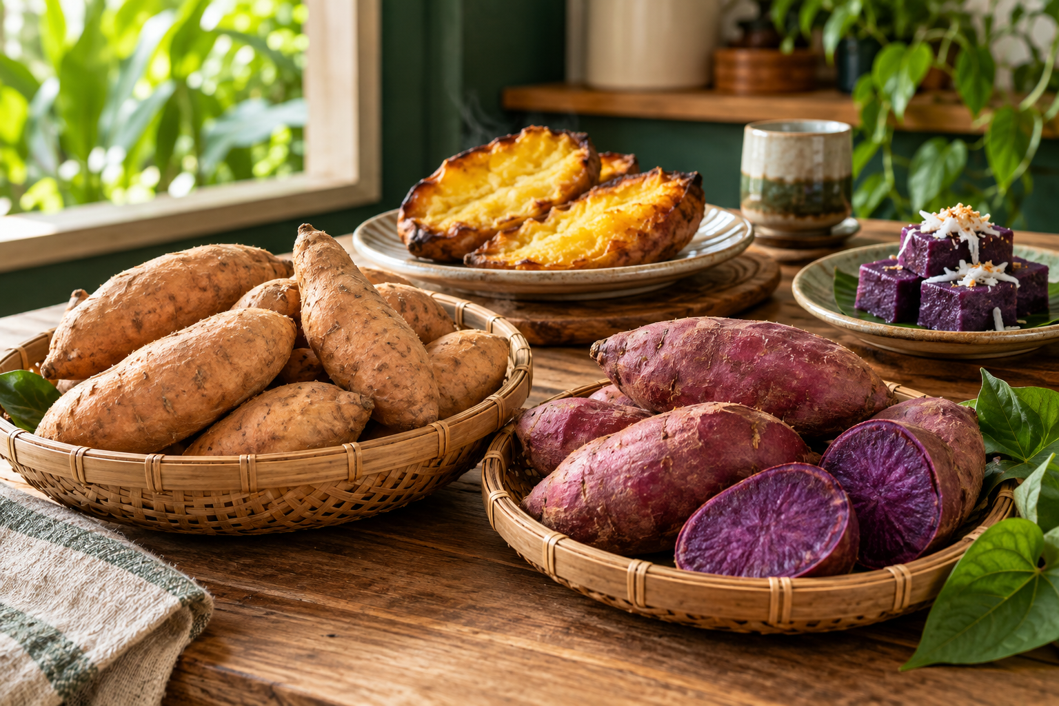 Illustrative display of whole sweet potatoes, roasted halves, and purple sweet potato desserts